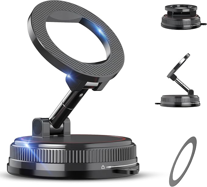 Magnetic Car Phone Holder Mount, Compatible with MagSafe, 108LBS Vacuum Suction Car Mount, 3000gf Magnetic Hold, 360° Adjustable Foldable Dashboard Windshield Phone Mount for iPhone 17-12 & Android
