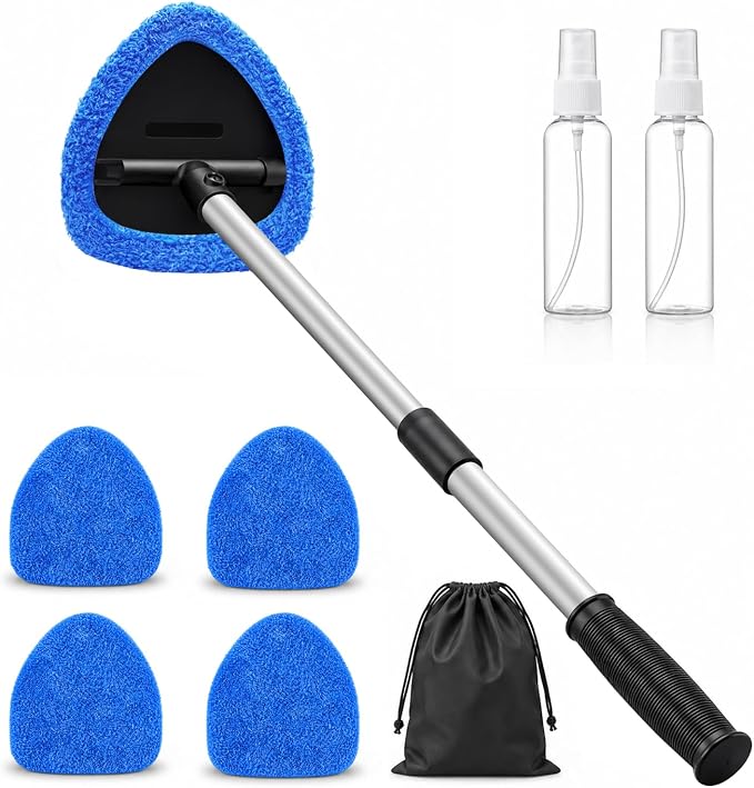 25.5" Extra-Long Reach – Super Absorbent Coral Velvet Windshield Cleaner Tool, Streak-Free Windshield Cleaning Tool Kit with 5 Pads, 2 Spray Bottles & Storage Bag for Auto Glass & Home Windows, Blue