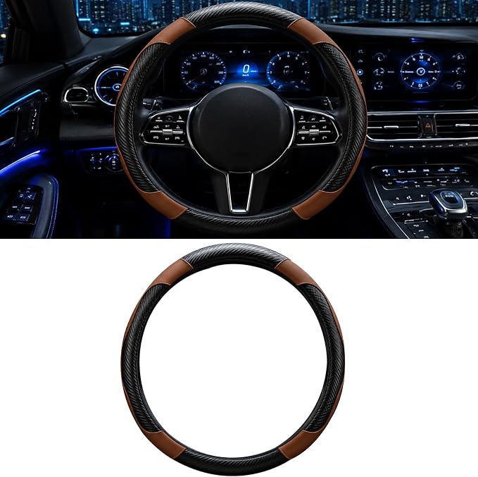 Car Steering Wheel Cover, 15 inch Carbon Fiber Microfiber Anti-Slip Breathable PU Leather Elastic Steering Wheel Protector, Car Interior Accessories for Most Cars (Brown)