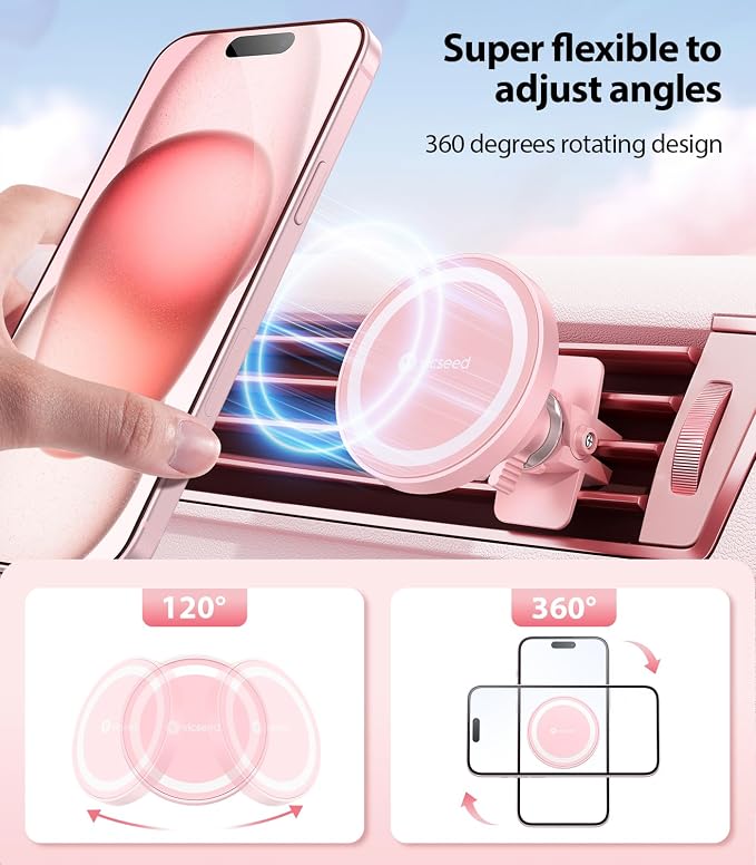 for MagSafe Car Mount [Upgraded Strongest Magnet Power] Magnetic Phone Holder for Car Vent 360 Adjustable Magnetic Car Phone Holder Mount for iPhone 15 14 13 12 Pro Max Plus Mini, Pink