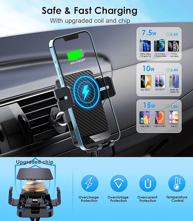 Wireless Car Charger, 15W Fast Charging Auto-Clamping Car Charger Phone Mount Air Vent Cell Phone Holder Compatible iPhone 16/15/14/13/13 Pro/12 pro/12/11, Samsung Galaxy S23/S22/S21/S20, etc