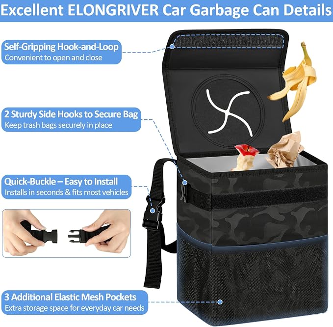 Car Trash Can Bin for Back Seat Leak Proof, Cute Car Trash Bag Hanging, Vehicle Trash Can for SUV Truck Van, Automotive Garbage Cans Front Seat Camo Black