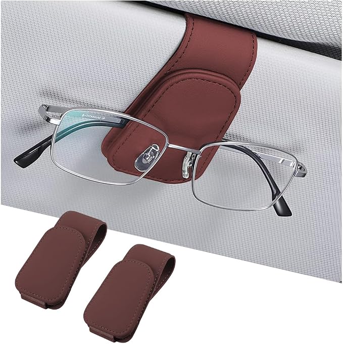 Sunglasses Holders for Car Sun Visor, Leather Eyeglasses Hanger Mounter, Magnetic Glasses Holder and Ticket Card Clip, Auto Interior Accessories Universal for SUV Pickup Truck