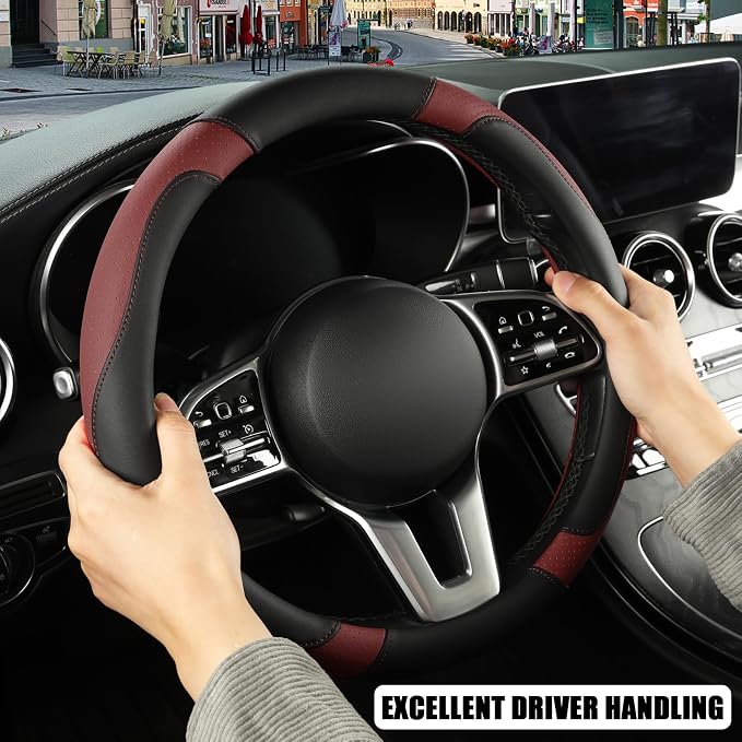 Black Burgundy Breathable Microfiber Leather Steering Wheel Cover | Breathable Anti Slip Grip Cool Sporty Look Glow for Women Men