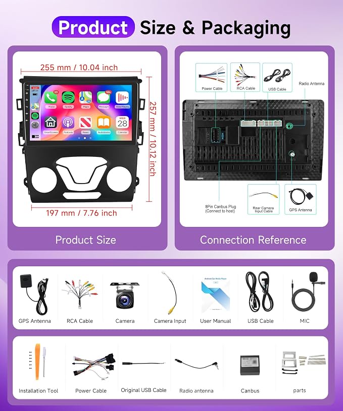 Android 15 Car Stereo Radio for Ford Fusion 2013-2019 for Ford Mondeo, 2G+64G Wireless Carplay Android Auto GPS Navigation WiFi 9 Inch Touch Screen Bluetooth FM/RDS +Backup Camera