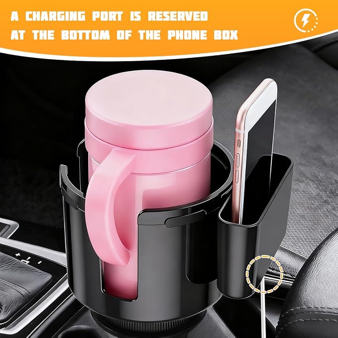 Car Cup Holder Expander, 2 in 1 Expandable Base Vehicle Cupholder Adapter with Phone Holder, Automotive Interior Water Bottle Insert Extender, Universal for SUV RV Truck