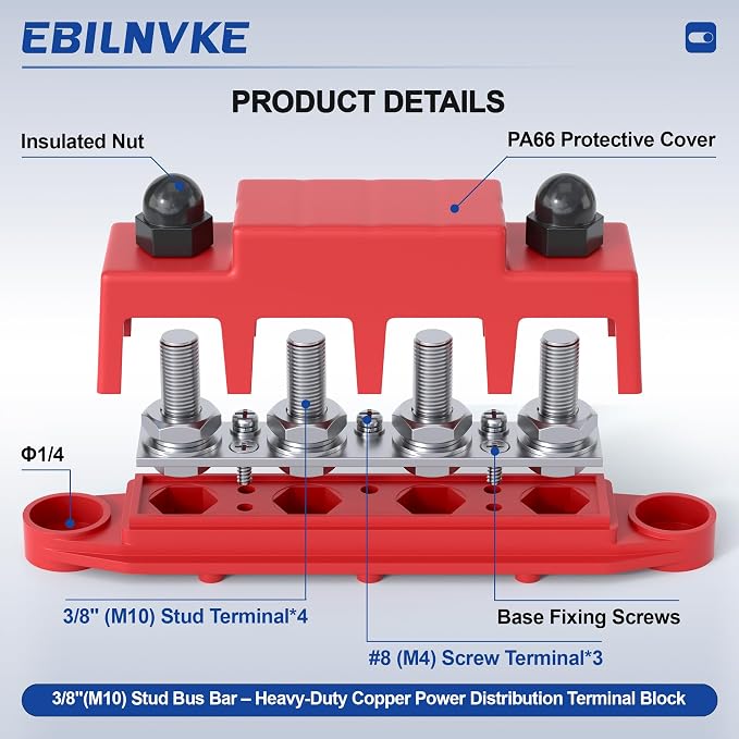 Bus Bar 12V 250A Power Distribution Block 4 x 3/8"(M10) Studs | Marine Bus Bar, 12 Volt Battery Busbar, Terminal Block, Automotive, Car, Boat, Solar Wiring, Positive & Negative