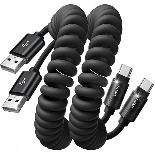 Coiled USB C Cable, 2 Pack for Android Auto & CarPlay Cable, Short USB A to USB C Cable C Gifts for Men Women ompatible with iPhone 17/16/15, Samsung Galaxy S25/S24/S23 A15/A14, Space Black 4FT
