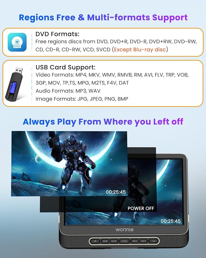 Car DVD Player, 12" Headrest DVD Player with Mount Bracket, Supports 1080P/MP4 Video, HDMI Input/Output, AV Out, AC Adapter, Car Charger, USB Card Reader, Last Memory, All Regions