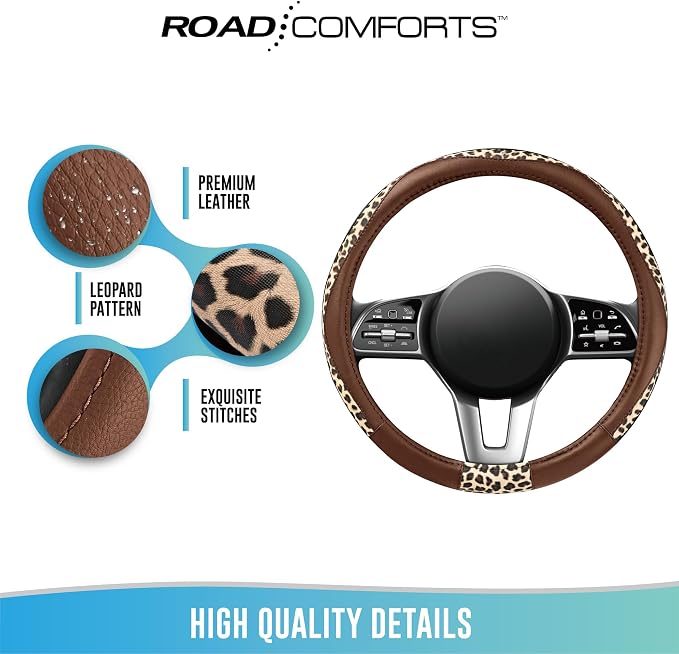 Steering Wheel Cover - Made with PVC Leather and Leopard Fabric - Universal 14 1/2 inches to 15 inches for Most Automotive Steering Wheel - Cheetah Print - Brown