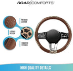 Steering Wheel Cover - Made with PVC Leather and Leopard Fabric - Universal 14 1/2 inches to 15 inches for Most Automotive Steering Wheel - Cheetah Print - Brown
