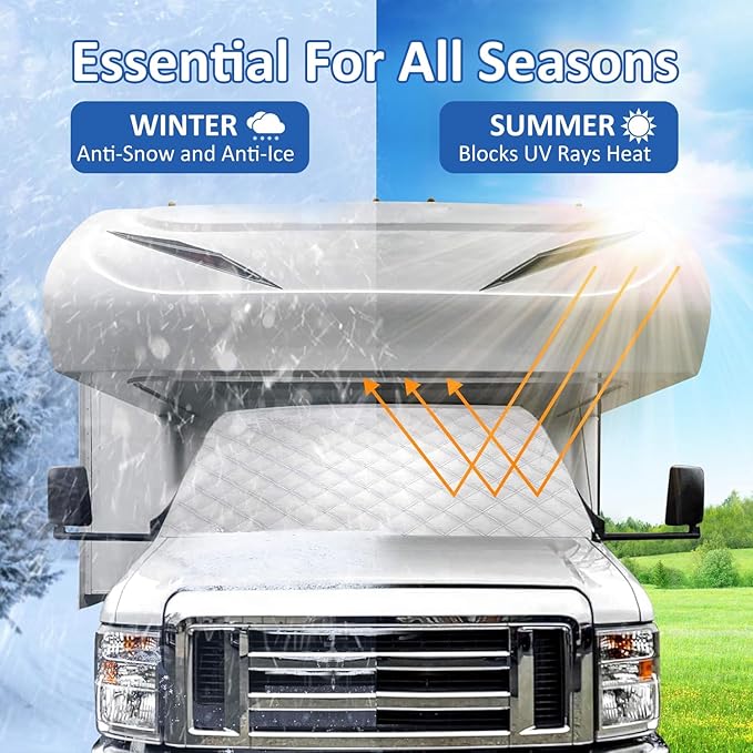 RV Windshield Cover for Chevy 2001-2024 Motorhome, RV Windshield Window Snow Cover for Ice and Snow RV Front Window Sunshade Cover Block UV Ray Heat, RV Accessories with Mirror Cutouts Silver