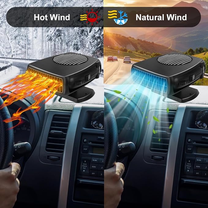Car Heater, 200W 12V Portable Windshield Defogger and Defroster，2 in 1 Modes Fast Heating &Cooling Fanswith Cigarette Lighter Plug 360 Degree Rotary Base（Black）