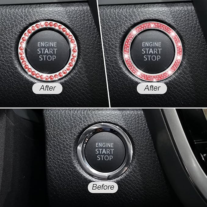 Car Bling Crystal Rhinestone Engine Start Ring Stickers, 1 Single Drainage Drill and 1 Double Drainage Drill Car Start Button Cover, Key Ignition Knob Bling Ring Decals, Bling Car Accessories(Set Red)