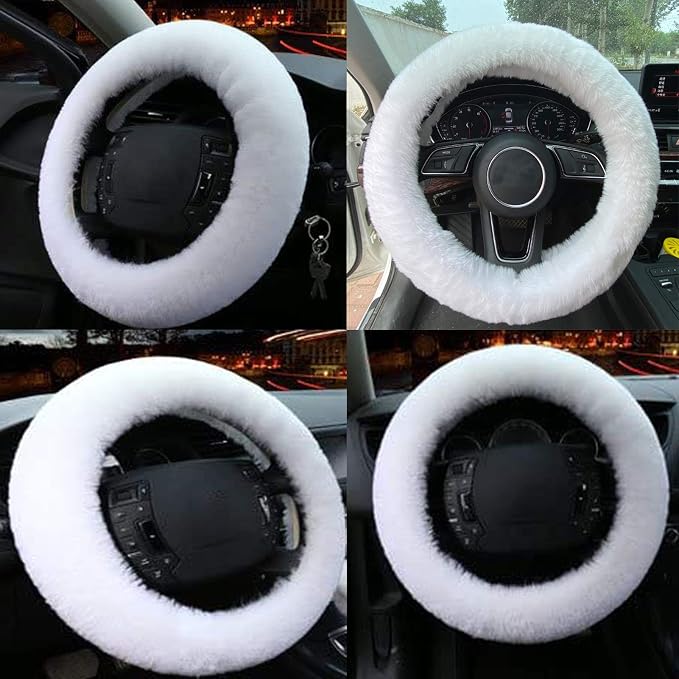 Fluffy Steering Wheel Cover for Women Fuzzy Steering Wheel Cover Winter Warm Faux Wool Plush Car Wheel Cover Furry Steering Wheel Protector Universal Fit 15 Inch (White)