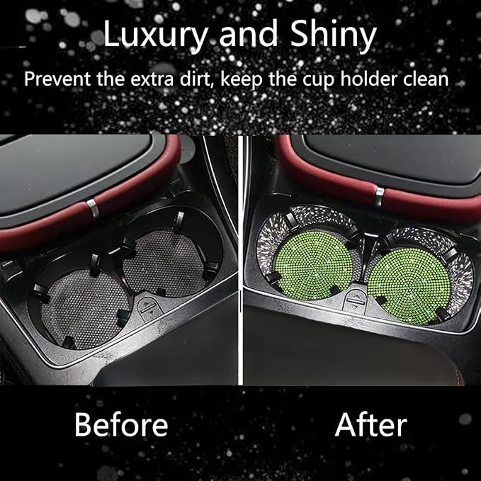 2pcs Bling Car Cup Holder Coaster, 2.75 inch Anti-Slip Shockproof Universal Fashion Car Coasters Insert Bling Crystal Rhinestone Automotive Interior Accessories for Women (2 pcs, Light Green)