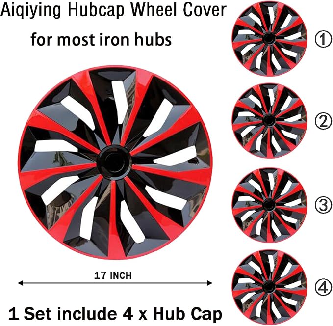 Hubcap Wheel Cover Replacement R17 Hub Caps Universal-Fit Steel Wheel Rim Cover ABS Material Exterior Accessories for Car Truck SUV -Set of 4（17-inch，Red-Black）