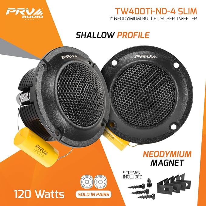 Bullet Super Tweeters Neodymium, 3 Inch PRV Tweeter Black TW400Ti-Nd-4 Slim 240 Watts 4 Ohm, Easy to Mount, 3 Inch Speaker Replacement (2 Tweeters)