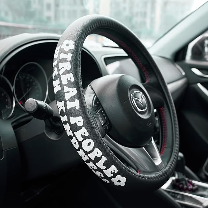 Treat People with Kindness Car Leather Steering Wheel Cover - 15-inch Universal Microfiber- Soft & Breathable & Silicone Anti Slip Auto Steering Wheel Wrap for Women