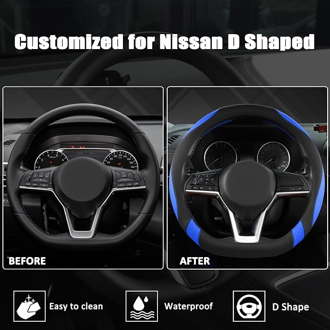 Flat Bottom Car Steering Wheel Cover for Nissan,D Shaped Steering Wheel Cover for Rogue,Altima,Kicks (Black+Blue-Standard Size)