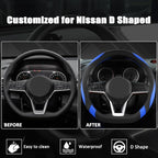 Flat Bottom Car Steering Wheel Cover for Nissan,D Shaped Steering Wheel Cover for Rogue,Altima,Kicks (Black+Blue-Standard Size)
