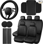 14 PCS Leather Car Seat Covers Full Set, 14.5”-15'' Sporty Steering Wheel Cover Universal, Center Console Cover, Seat Belt Cushion, Cup Holder Coaster, Car Interior Set Black