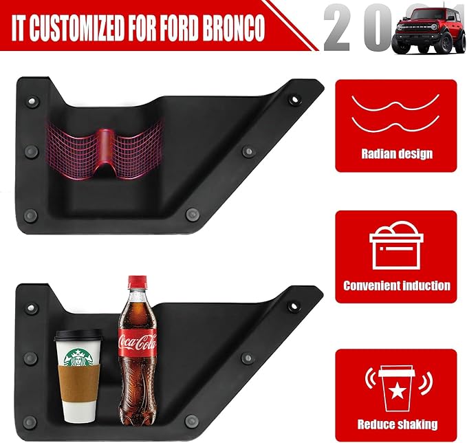 Front Door Storage Pockets for Ford Bronco Accessories 2026 2021-2025, Side Door Organizer Box fit Bronco 2/4-Door, Insert Cup Holder(2PCS)