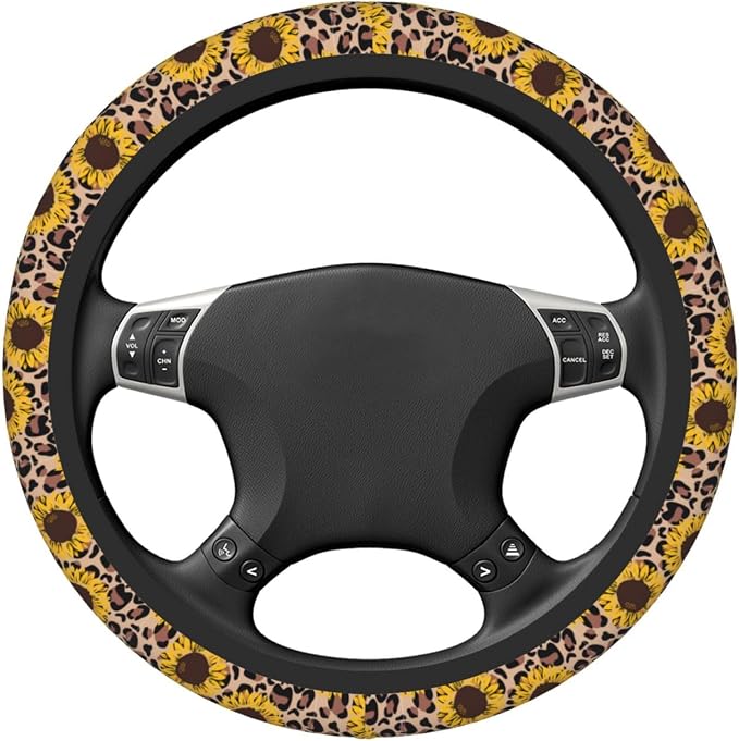 Elastic Car Steering Wheel Cover,Yellow Sunflowers Leopard Print Protector Upgrade Thicken,Anti Slip Soft Car Interior Decor for Diverse Cars Truck SUV for Men Women Universal 15 Inch