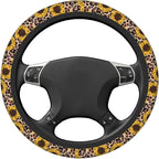 Elastic Car Steering Wheel Cover,Yellow Sunflowers Leopard Print Protector Upgrade Thicken,Anti Slip Soft Car Interior Decor for Diverse Cars Truck SUV for Men Women Universal 15 Inch