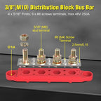 Power Distribution Block Bus Bar, 4 x 5/16" Posts, 6 x #8 Screws Terminals, Max 48V 250A (Pair, Red & Black)
