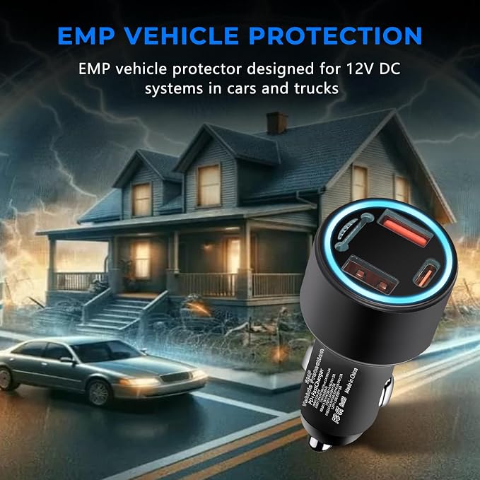EMP Vehicle Protection, Protector Comes with 2 USB and 1 PDni Interfaces, Lightning, Solar Flare and Surge Protection, Suitable for 12-Volt DC in Cars and Trucks