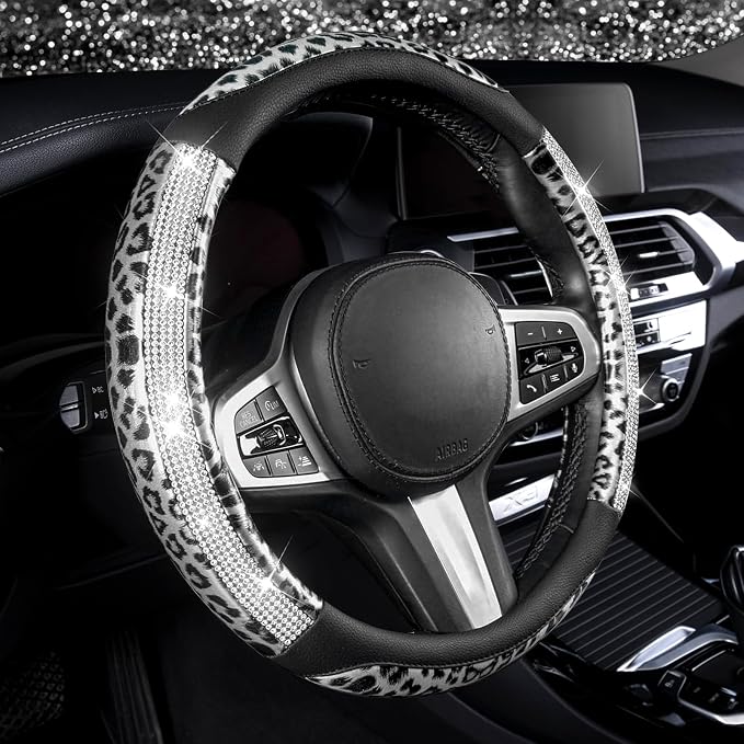 Leopard Steering Wheel Cover - Bling Crystal Rhinestones Cheetah Print on Leather Non-Slip Breathable Design for Women/Girls Universal Fit 14.5-15 Inch(Black & Silver)