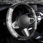 Leopard Steering Wheel Cover - Bling Crystal Rhinestones Cheetah Print on Leather Non-Slip Breathable Design for Women/Girls Universal Fit 14.5-15 Inch(Black & Silver)