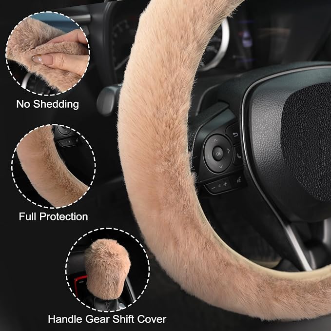 Furry Car Steering Wheel Cover with Gear Shift Cover, Soft and Warm, Cute Fluffy Auto Decor for Women Men, Standard Size, 2 PCS Set, Khaki