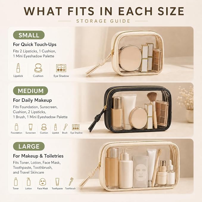 Clear Makeup Bags with Zipper, TSA Approved Travel Toiletry Bag,Clear Cosmetic Bag, Waterproof Make Up Bag for Women (Stand-up, Black, 1 Small + 1 Medium + 1 Large)