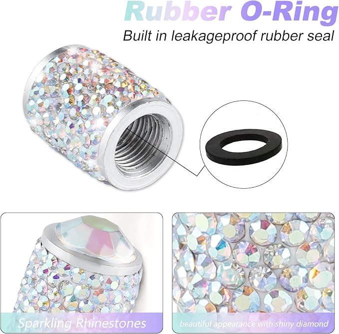 Car Wheel Tire Valve Caps, 4 PCS Bling Tire Valve Caps, Crystal Tire Caps Shinny Rhinestone for Women, Universal Car Dustproof Tire Valve Caps for Cars, Trucks, SUV and Motorcycles (AB)
