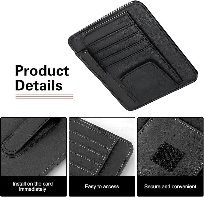 Car Sun Visor Organizer, Premium Leather Sun Visor Sunglass Holder with Card Holders & Pen Clip Slot, Universal Car Interior Organizer for Driving License, Card, Pen (Black)