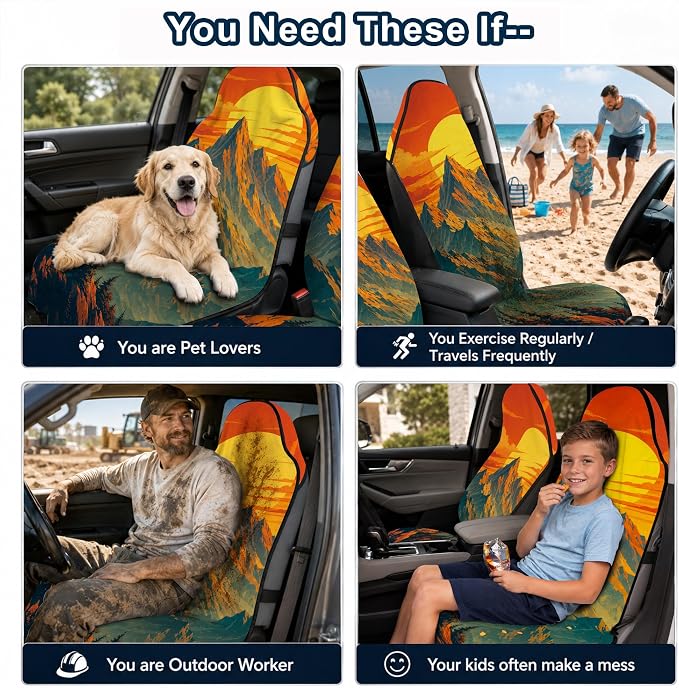 Car Seat Towel Cover 2 Pack for Front Seats, Sweat Absorbent Car Seat Protector with Non-Slip Backing, Waterproof Towel Car Seat Covers for Runners, Gym, Swimming, Beach, Mountain Sunset
