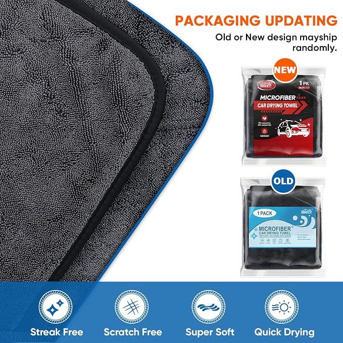 Professional Car Drying Towel (36"x 24") with Twisted-Loop Technology, 1200GSM for a Streak-Free Finish – Microfiber Towels for Cars, Trucks, SUVs, RVs and Motorcycles