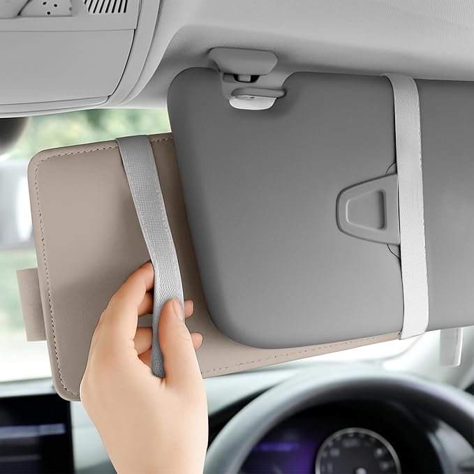 Car Sun Visor Organizer (Beige) | Multi-Pocket Net Zipper Case for Cash, Card, Pen & Sunglass | Visor Organizer Storage Pouch | Interior Accessories with Pocket for Car & Truck | Small