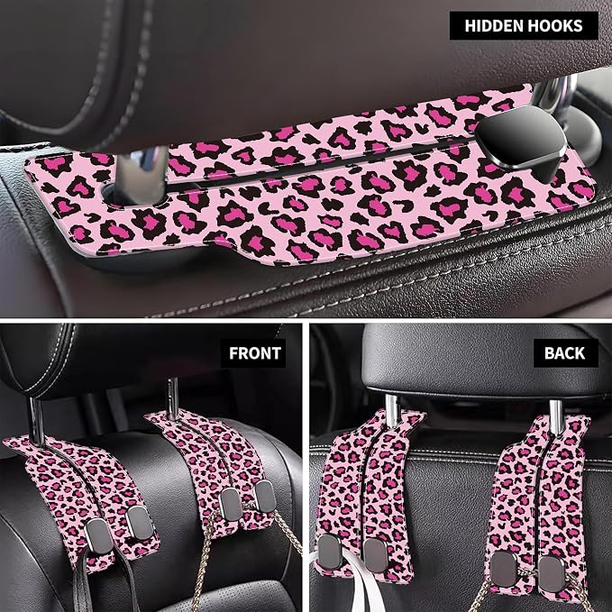 Car Seat Headrest Hooks for Purses and Bags Abstract Pink Leopard 1 Pack Bag Purse Holder for Car with Double Metal Hooks Car Purse Hanger Hanging Accessories