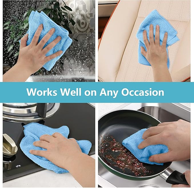 Blue Microfiber Cleaning Cloth, 8 Pack Cleaning Towels for Kitchen, Lint Free, Scratch-Free, Highly Absorbent, and Reusable Cleaning Rags for House, Window and Glass, Cars, 11.5 X11.5 inch