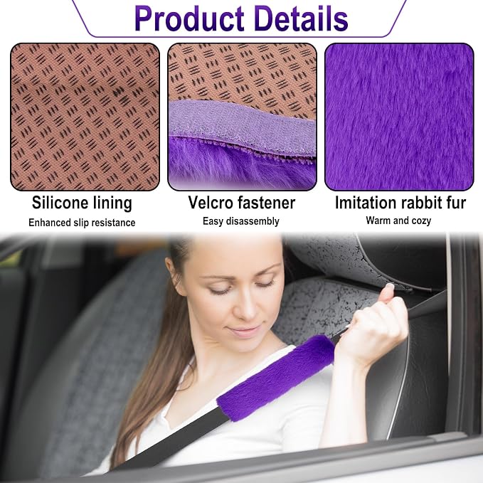 3 PCS Fluffy Steering Wheel Cover Set, 15'' Furry Car Wheel Cover, 2 Seat Belt Shoulder Pads, Anti-Slip Fur Steering Wheel Cover, Winter Warm Fluffy Car Accessories for Women, Purple