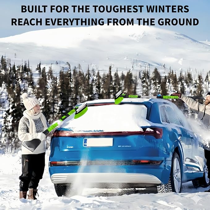 Snow Shovel & Ice Scrapers for Car Windshield, Snow Brush and Ice Scraper with Squeegee, Snow Removal Tool, Winter Car Accessories,Extendable Aluminum Handle, 180°Pivoting Brush Head, Green