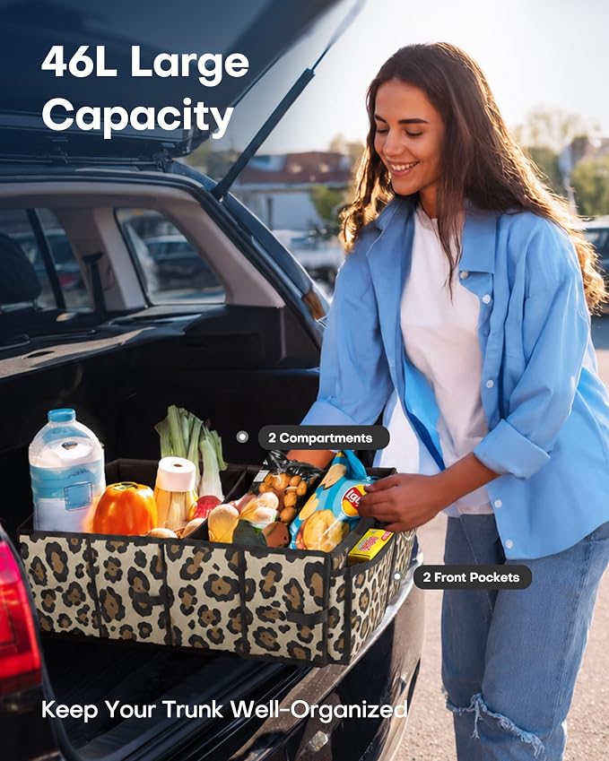 Trunk Organizer - Car Organizer, Foldable Trunk organizer for SUVs & Sedans, Sturdy Car Organization for Car Accessories, Tools, Sundries, Leopard, 2 Compartments, 21.3"×12.6"×10.6"