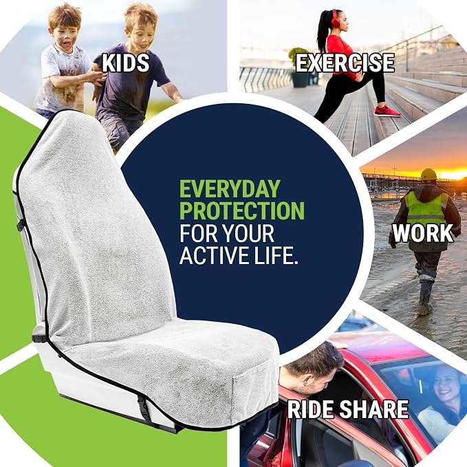 Towel Seat Cover, Waterproof Car Seat Protectors for Gym, Workout & Active Lifestyle, Universal Fit for Car SUV Truck Van, Non-Slip 3 Strap Design, Machine Washable, 2 Pack White