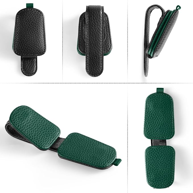 Sunglasses Holder for Car, Leather Magnetic Buckle Sun Visor Sunglass Clip, Ticket Card Storage Glasses Clip, Car Interior Accessories for Men and Women（2PCS Black-Green）