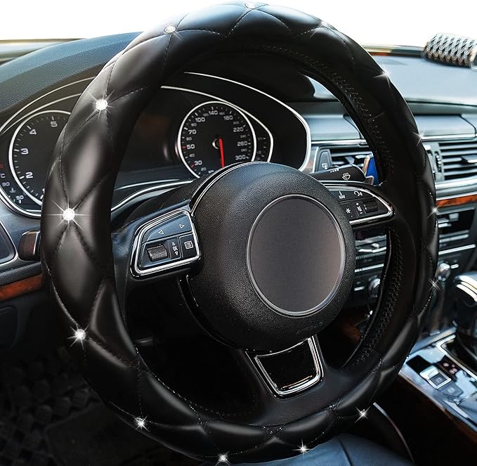 Diamond Leather Bling Steering Wheel Cover, Universal Car Steering Wheel Protector with Crystal Rhinestones Anti-Slip Soft Interior Accessories for Women and Girl Fit 15 inch -Black
