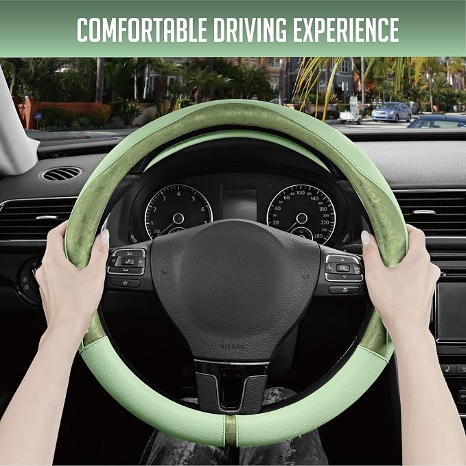 Steering Wheel Cover, Green Patterned Leather Patchwork Design, Universal Fit 14.5"–15.5", Anti-Slip, Odor-Free, Soft PU Grain Leather, Durable Grip Car Accessory for Girls & Women