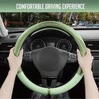 Steering Wheel Cover, Green Patterned Leather Patchwork Design, Universal Fit 14.5"–15.5", Anti-Slip, Odor-Free, Soft PU Grain Leather, Durable Grip Car Accessory for Girls & Women